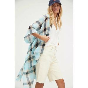 NEW FREE PEOPLE BLOSSOM PLAID LINEN KIMONO FRAY HEM DUSTER XS S M L